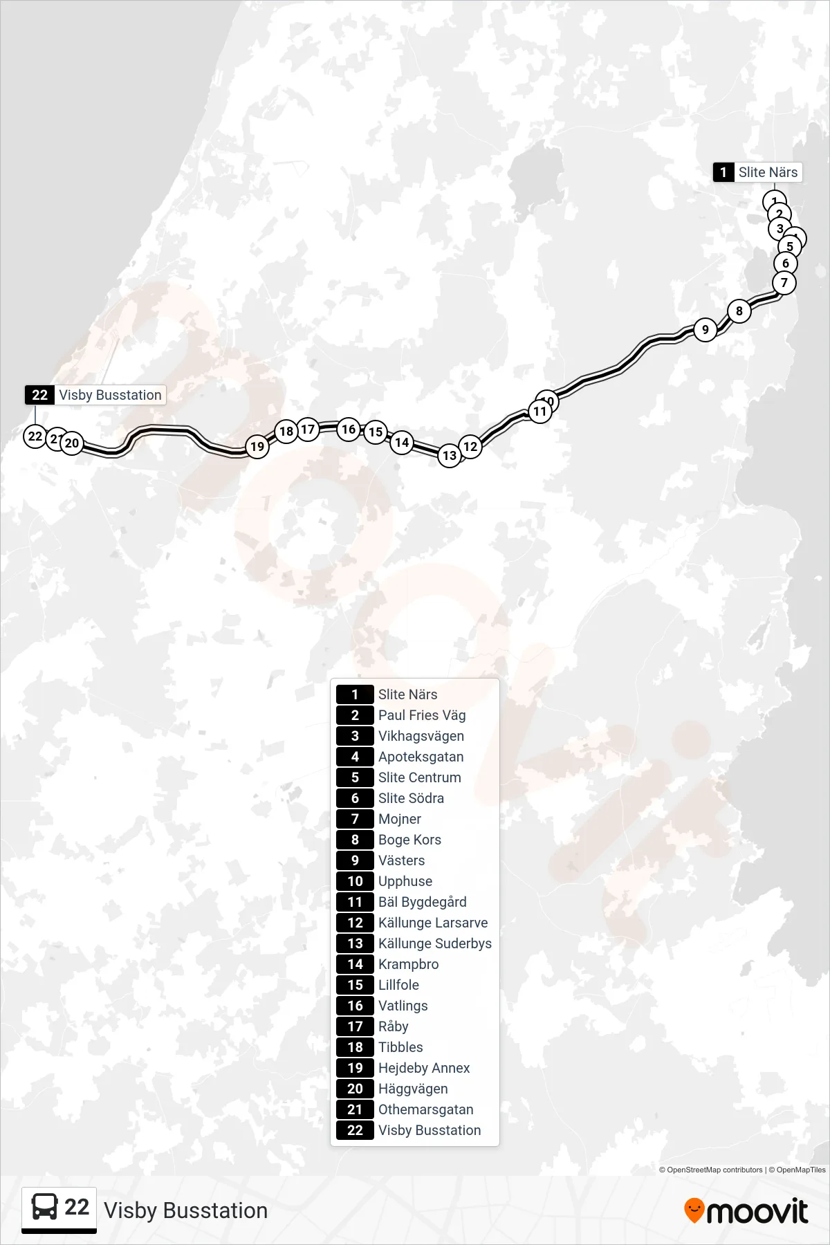 Rutt och hållplatser på karta för linje 22 spårvagn, (Visby Busstation)