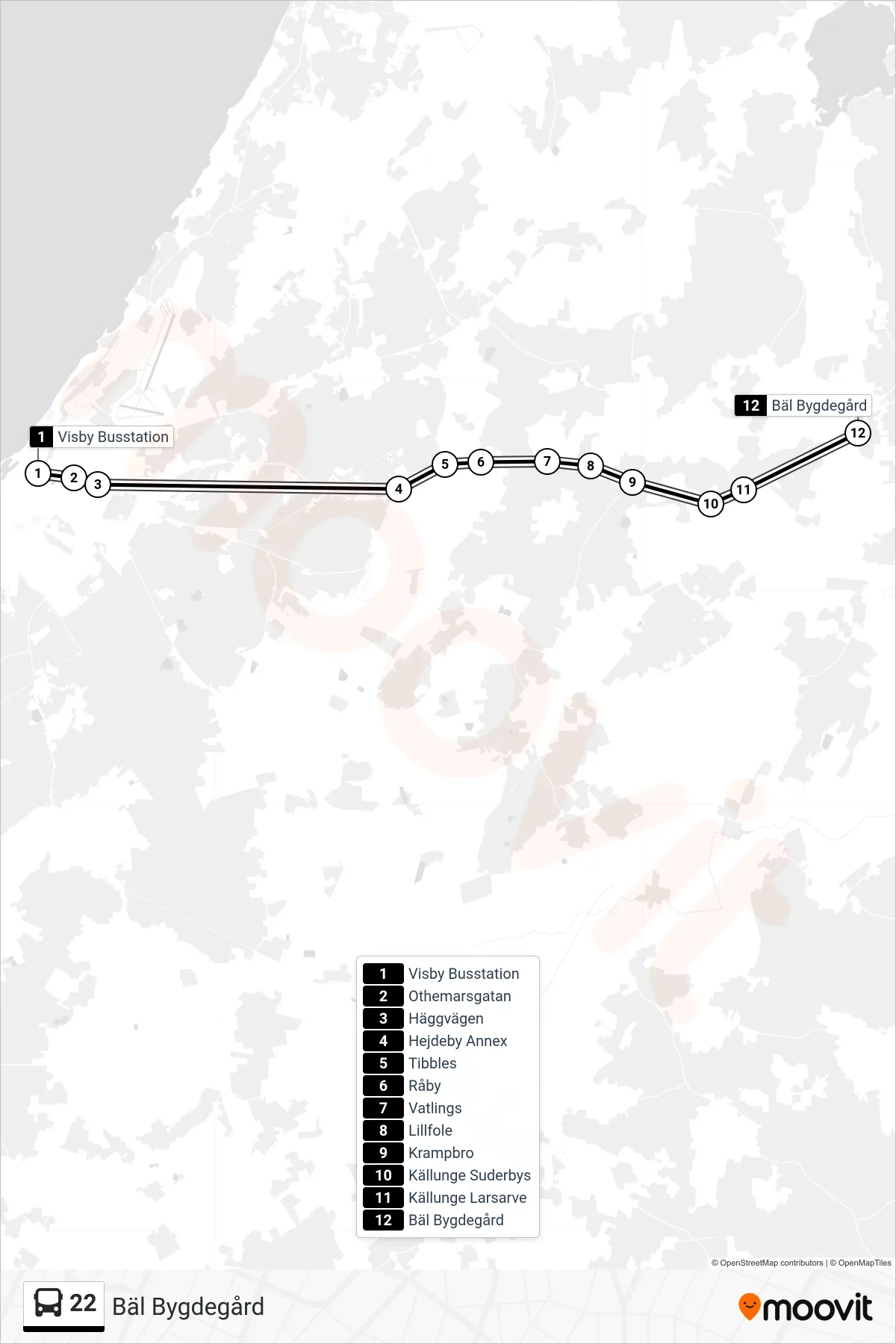 Rutt och hållplatser på karta för linje 22  spårvagn, (Bäl Bygdegård)