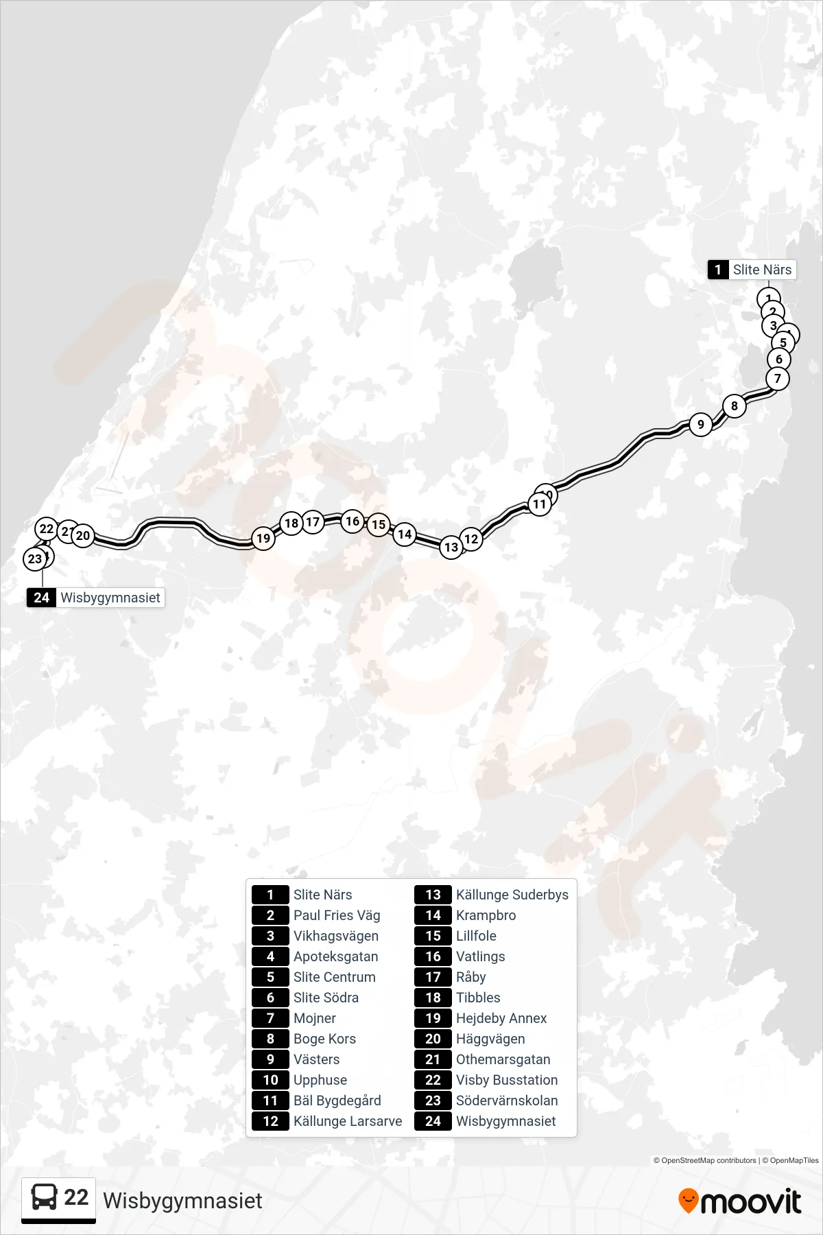 Rutt och hållplatser på karta för linje 22  spårvagn, (Wisbygymnasiet)