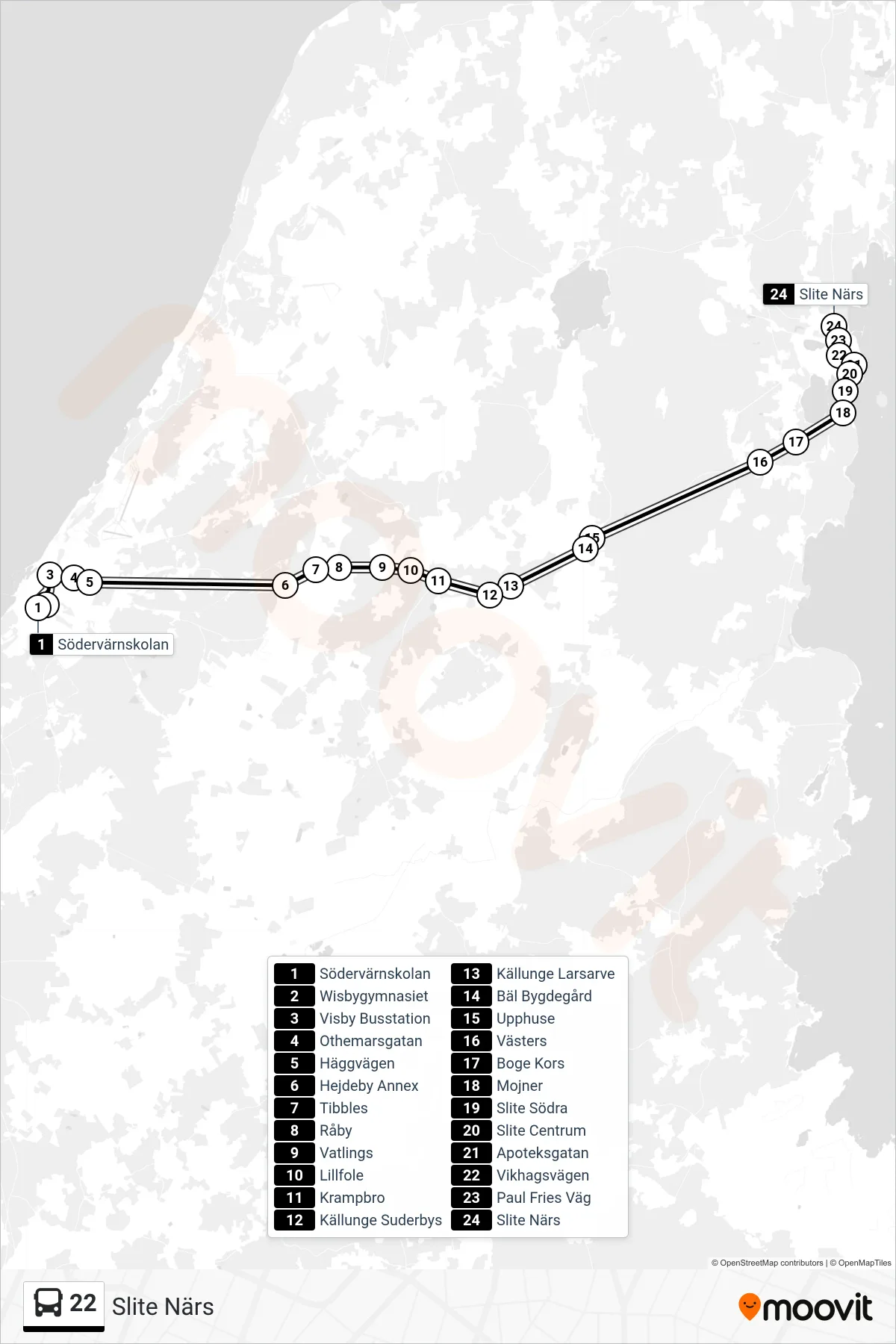 Rutt och hållplatser på karta för linje 22  spårvagn, (Slite Närs)