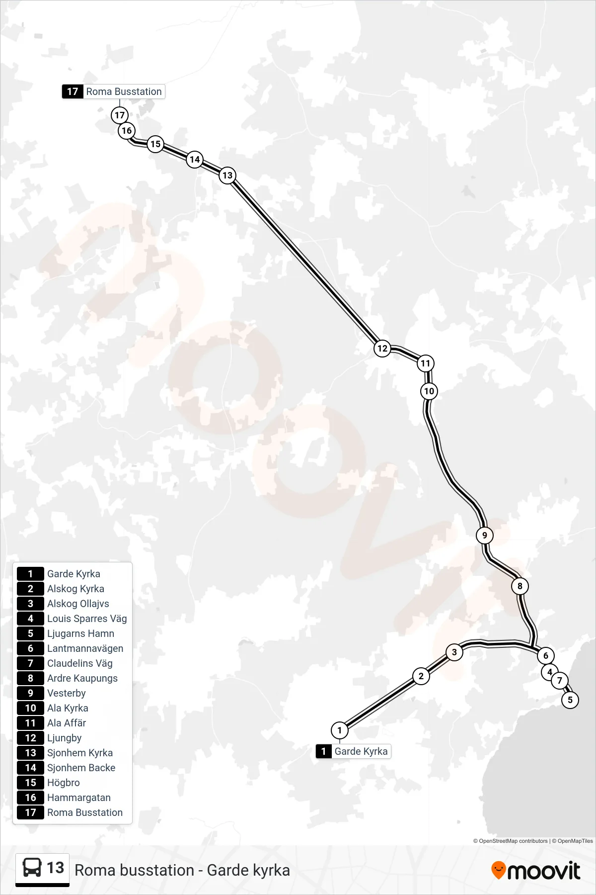Rutt och hållplatser på karta för linje 13  spårvagn, (Roma Busstation)