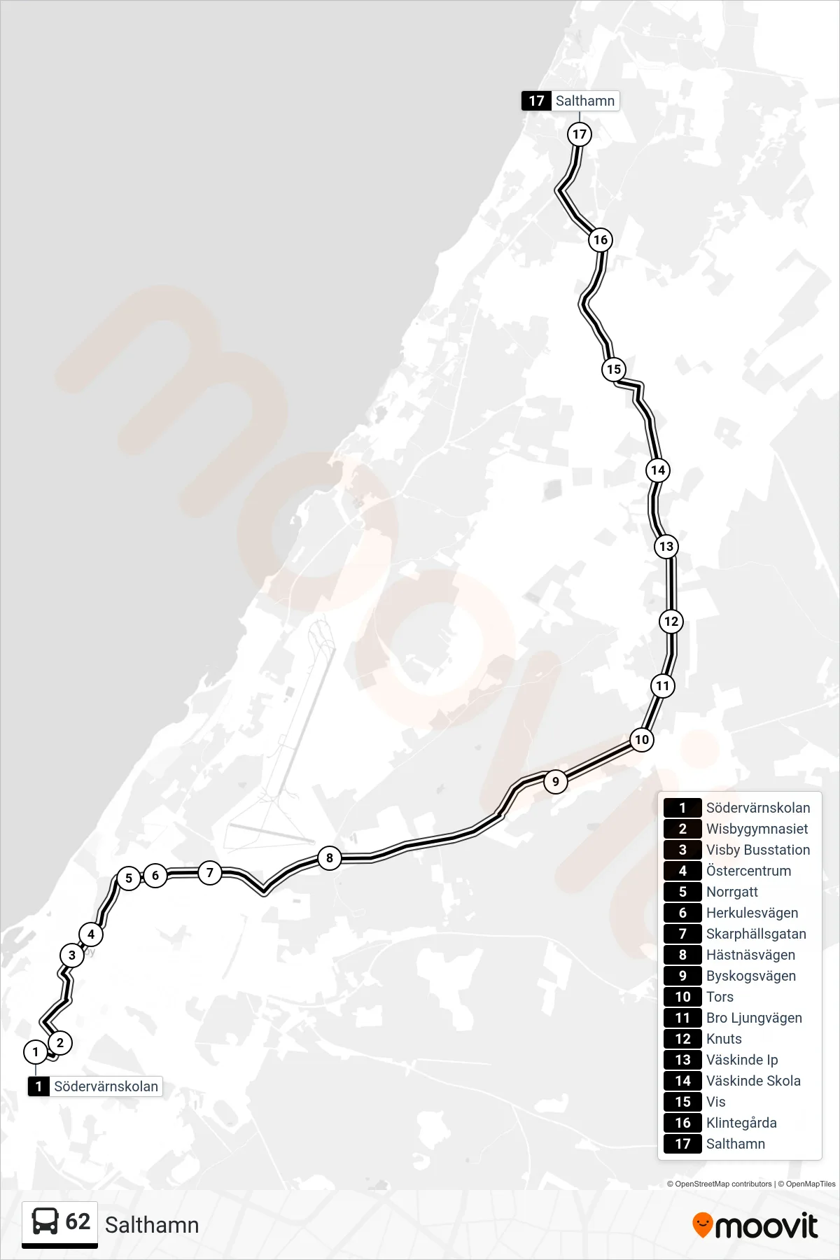 Rutt och hållplatser på karta för linje 62 spårvagn, (Salthamn)
