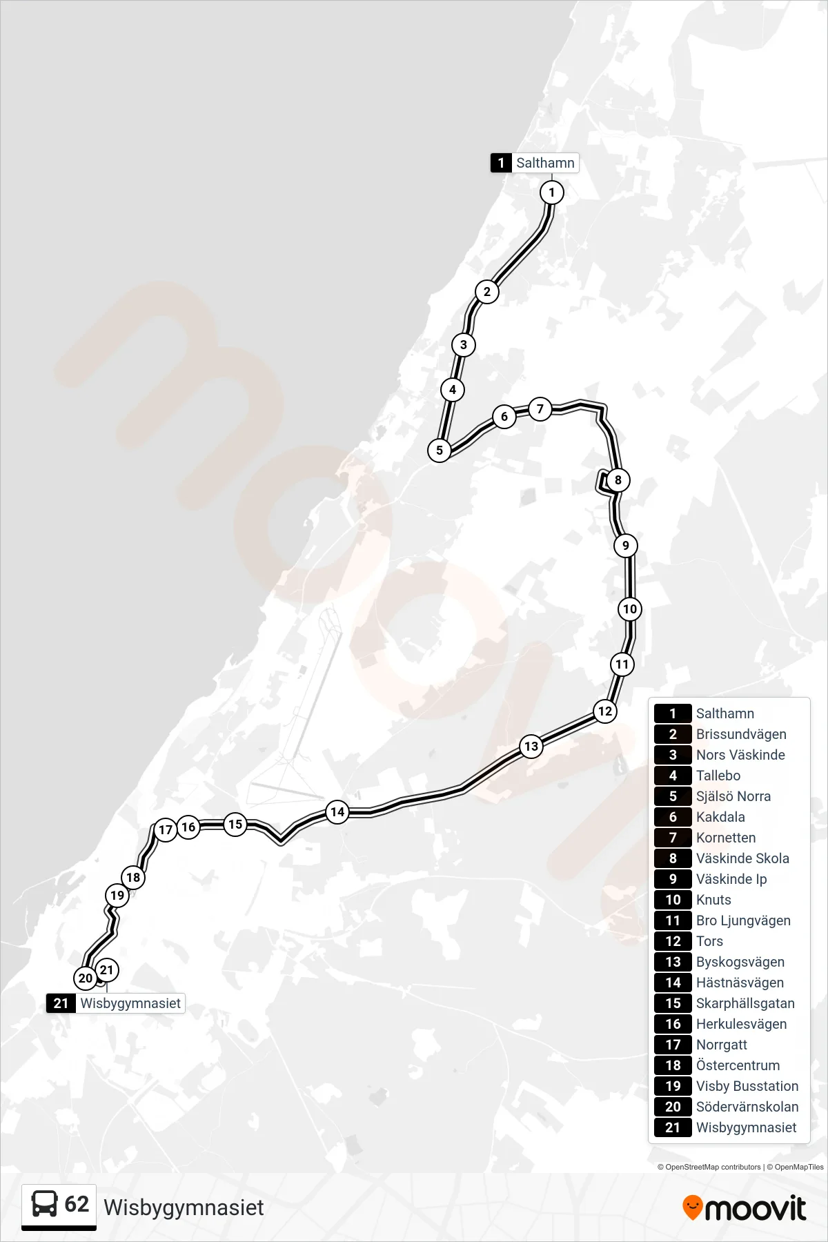 Rutt och hållplatser på karta för linje 62  spårvagn, (Wisbygymnasiet)