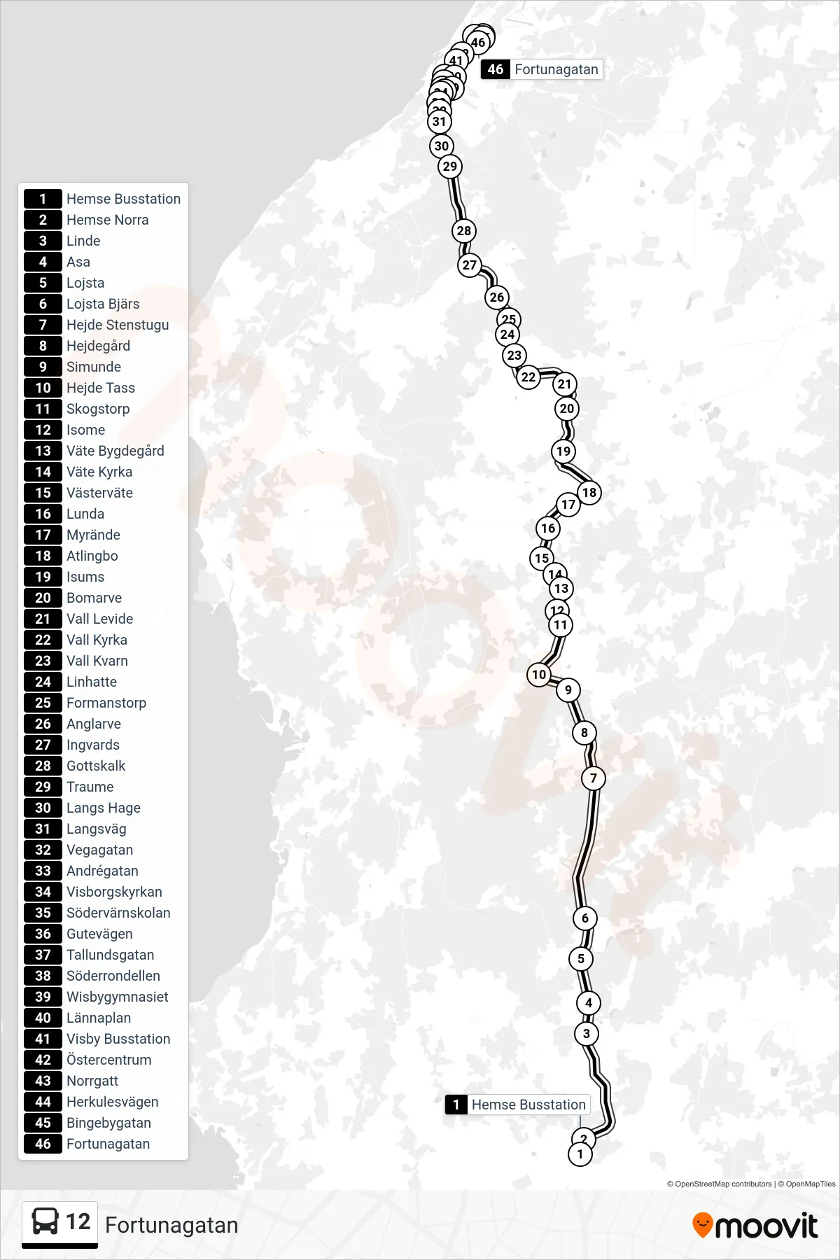 Rutt och hållplatser på karta för linje 12  spårvagn, (Fortunagatan)