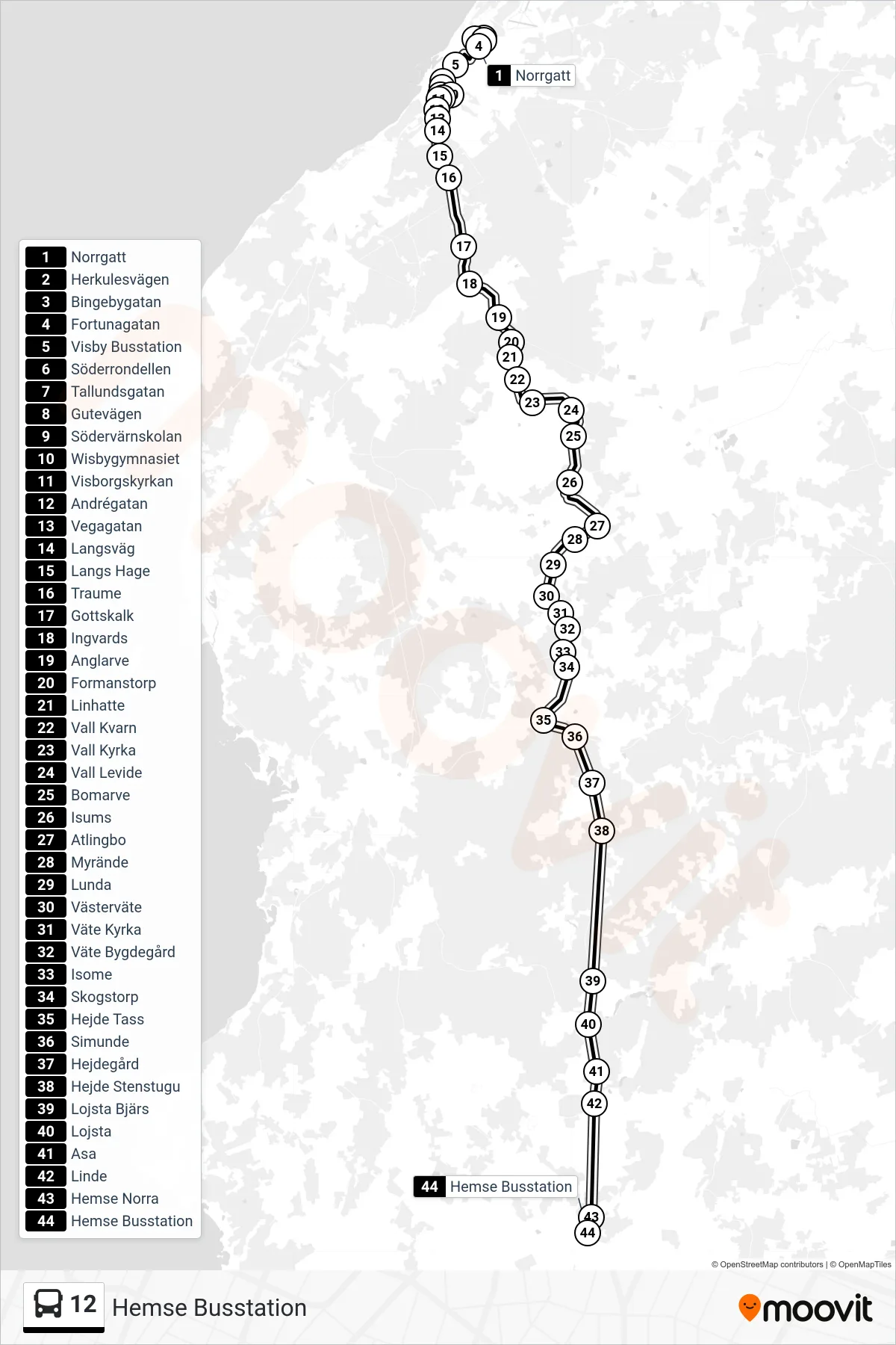 Rutt och hållplatser på karta för linje 12 spårvagn, (Hemse Busstation)