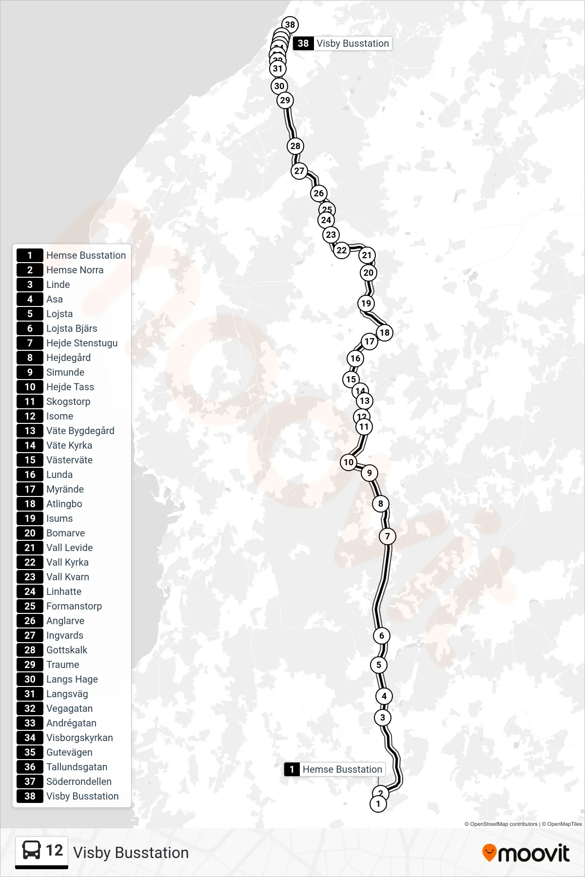 Rutt och hållplatser på karta för linje 12  spårvagn, (Visby Busstation)