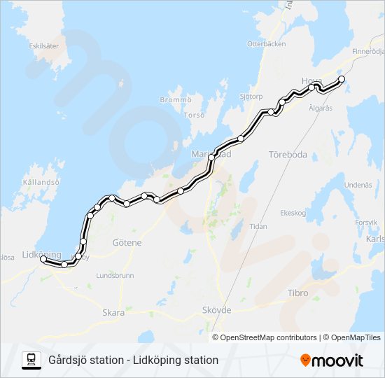 GÅRDSJÖ STATION - LIDKÖPING STATION tåg Linje karta