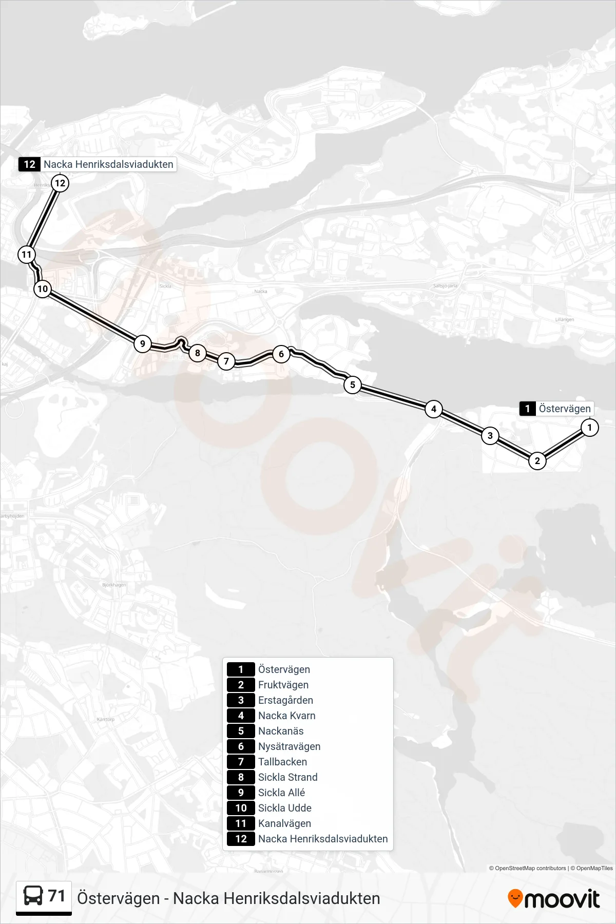 Rutt och hållplatser på karta för linje 71  buss, (Nacka Henriksdalsviadukten)
