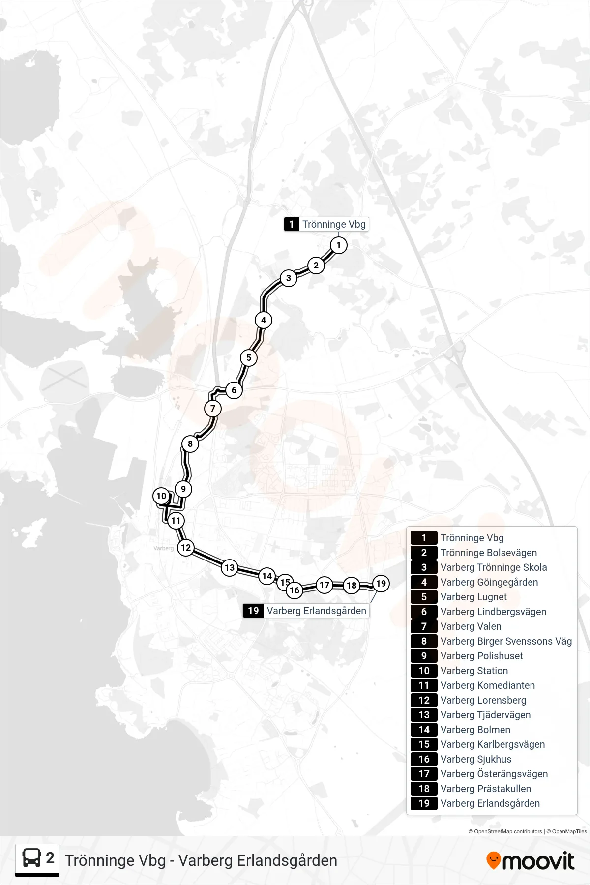 Rutt och hållplatser på karta för linje 2 spårvagn, (Varberg Erlandsgården)