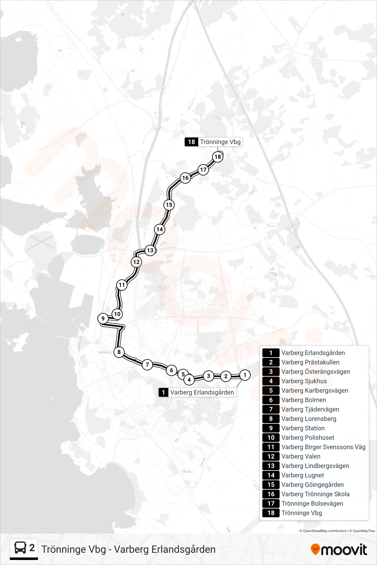 Rutt och hållplatser på karta för linje 2  spårvagn, (Trönninge Vbg)