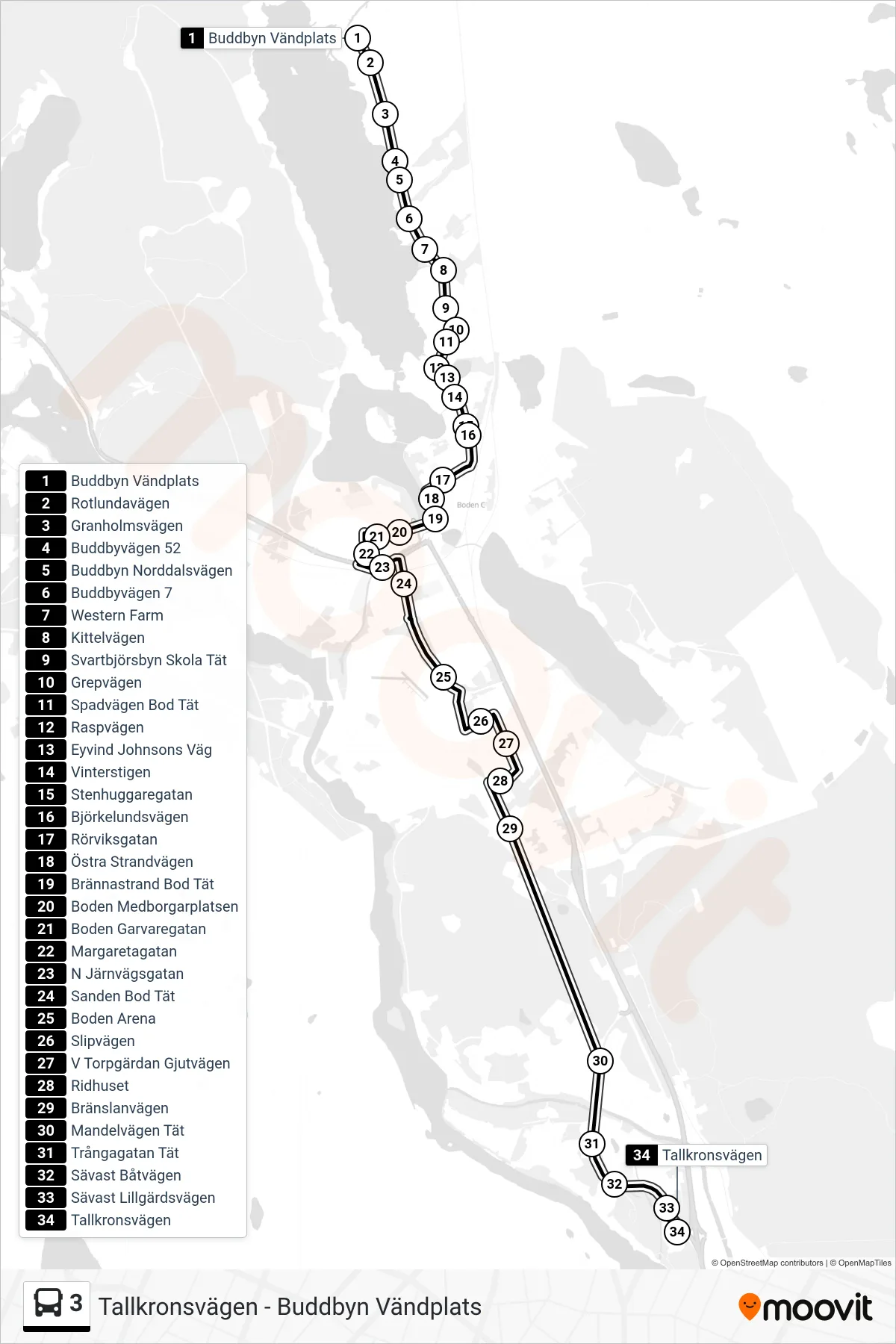Rutt och hållplatser på karta för linje 3  spårvagn, (Tallkronsvägen)