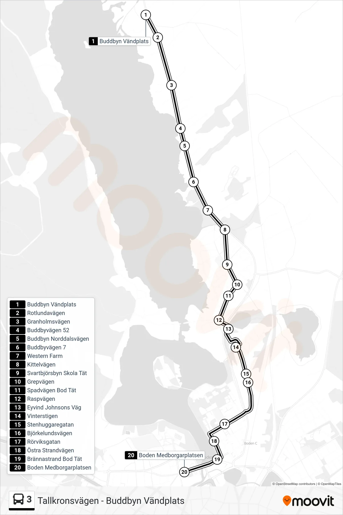 Rutt och hållplatser på karta för linje 3  spårvagn, (Boden Medborgarplatsen)