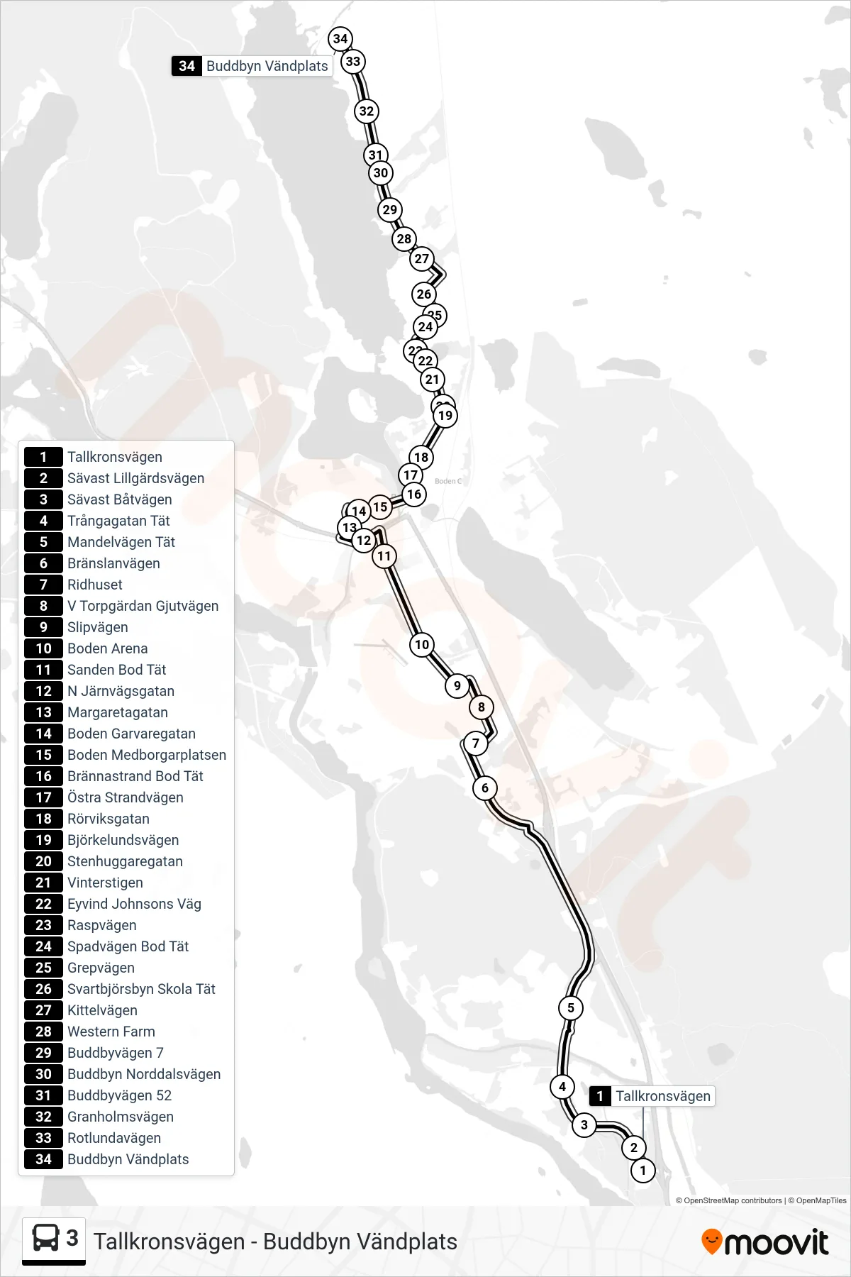 Rutt och hållplatser på karta för linje 3  spårvagn, (Buddbyn Vändplats)