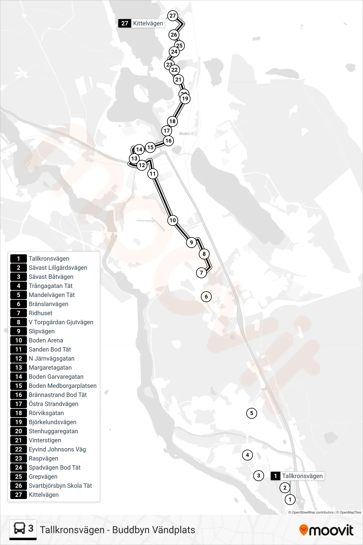Rutt och hållplatser på karta för linje 3 spårvagn, (Kittelvägen)