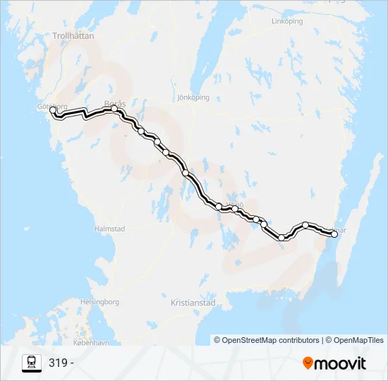 GÖTEBORG CENTRAL - KALMAR CENTRAL Train Line Map