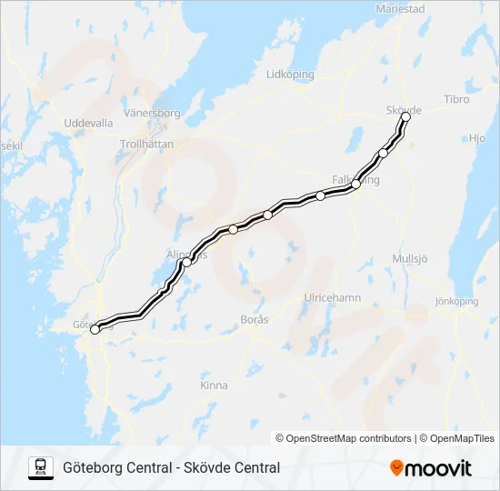 GÖTEBORG CENTRAL - SKÖVDE CENTRAL Train Line Map