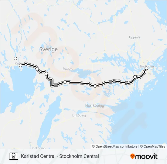 KARLSTAD CENTRAL - STOCKHOLM CENTRAL Train Line Map