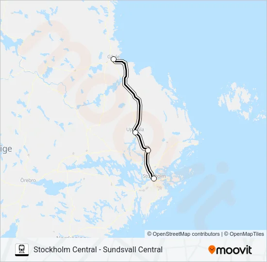 STOCKHOLM CENTRAL - SUNDSVALL CENTRAL Train Line Map