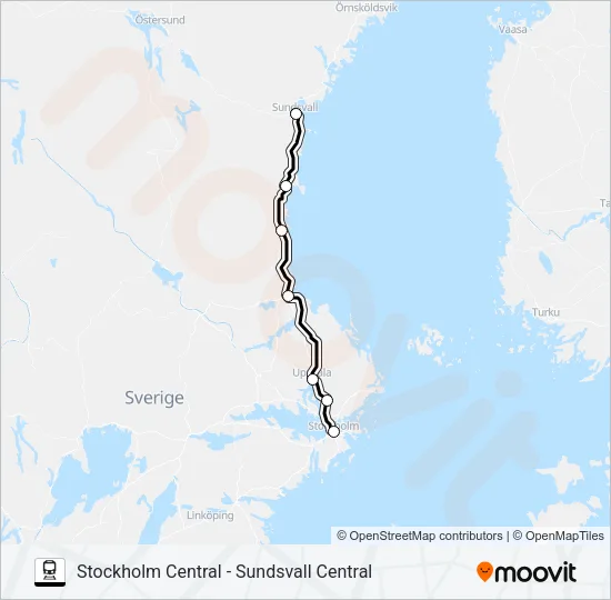 STOCKHOLM CENTRAL - SUNDSVALL CENTRAL Train Line Map