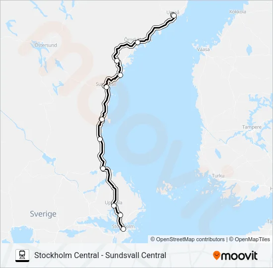 STOCKHOLM CENTRAL - SUNDSVALL CENTRAL Train Line Map