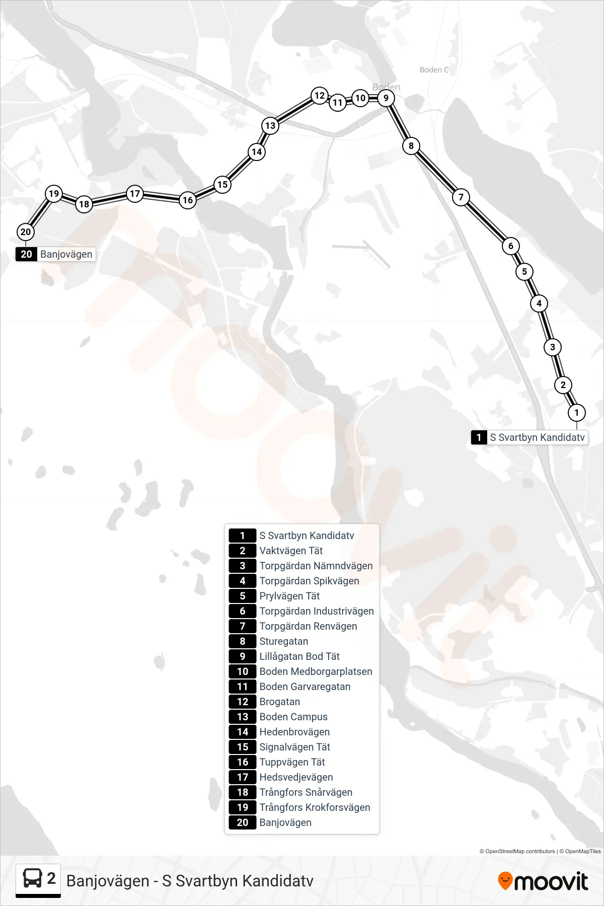 Rutt och hållplatser på karta för linje 2  buss, (Banjovägen)