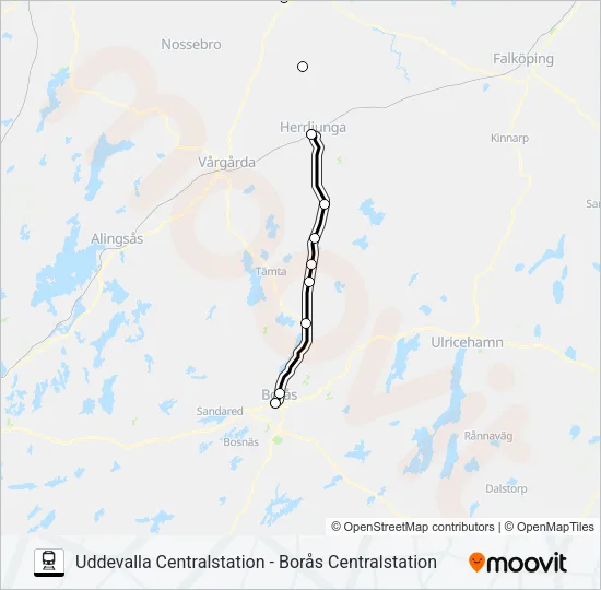 UDDEVALLA CENTRALSTATION - BORÅS CENTRALSTATION Train Line Map