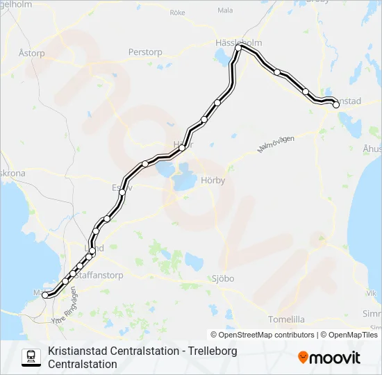 KRISTIANSTAD CENTRALSTATION - TRELLEBORG CENTRALSTATION Train Line Map