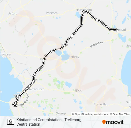 KRISTIANSTAD CENTRALSTATION - TRELLEBORG CENTRALSTATION Train Line Map