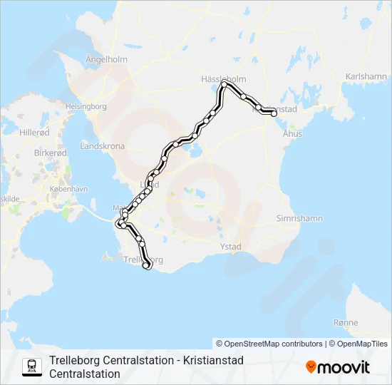 TRELLEBORG CENTRALSTATION - KRISTIANSTAD CENTRALSTATION Train Line Map