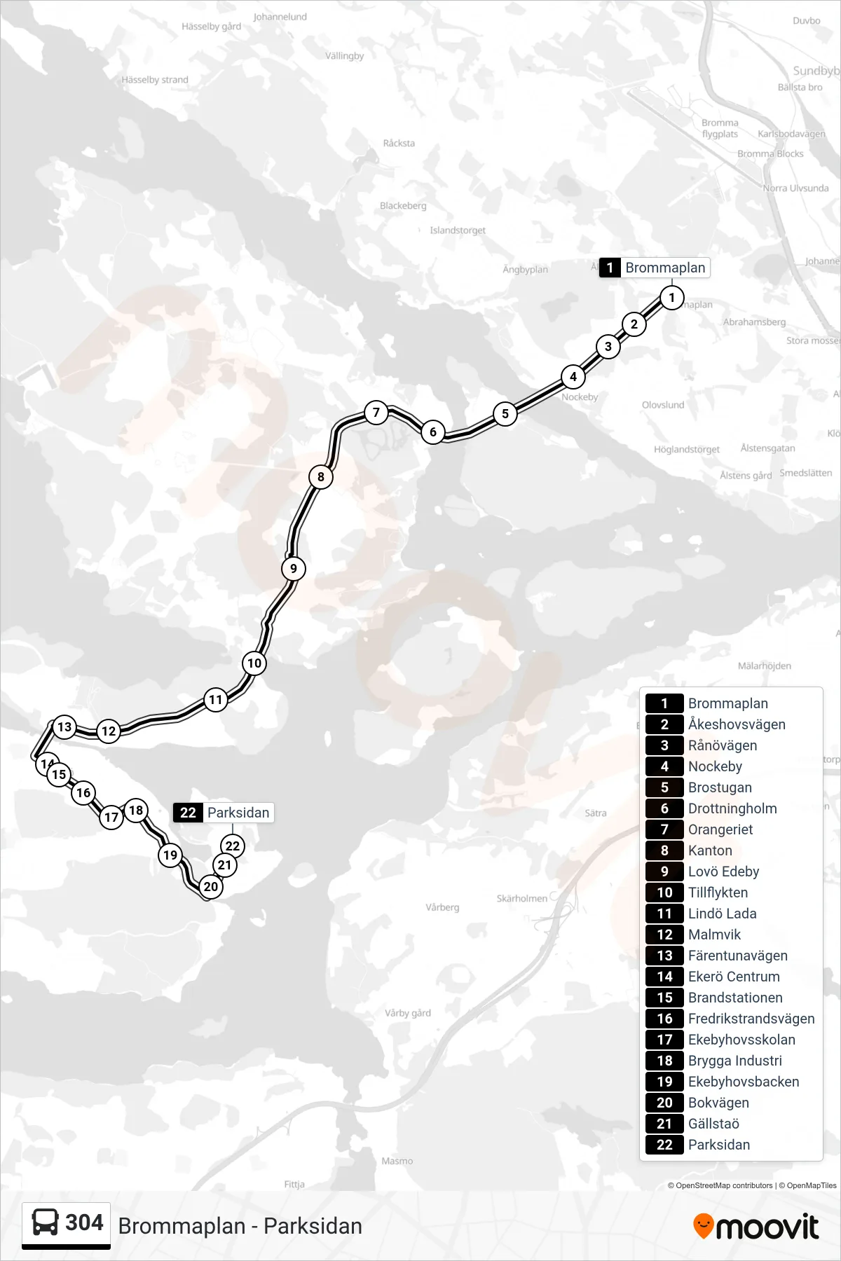 Rutt och hållplatser på karta för linje 304  buss, (Parksidan)