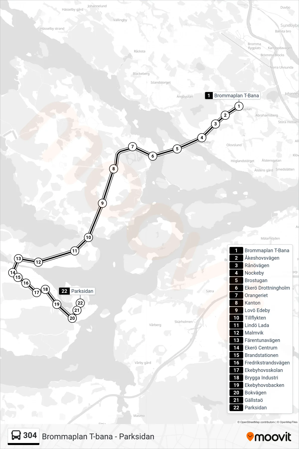 Rutt och hållplatser på karta för linje 304  buss, (Parksidan)