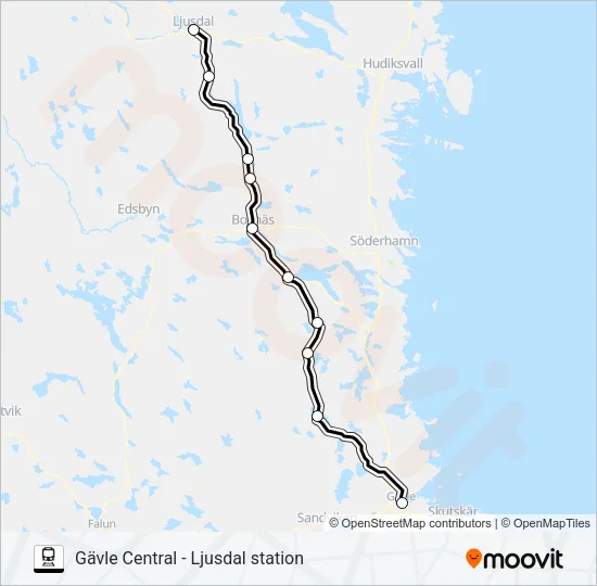 GÄVLE CENTRAL - LJUSDAL STATION Train Line Map