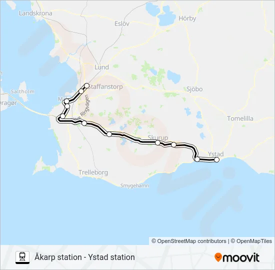 ÅKARP STATION - YSTAD STATION Train Line Map