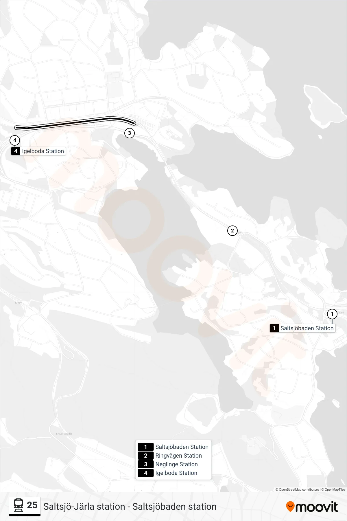 Rutt och hållplatser på karta för linje 25  tåg, (Igelboda Station)