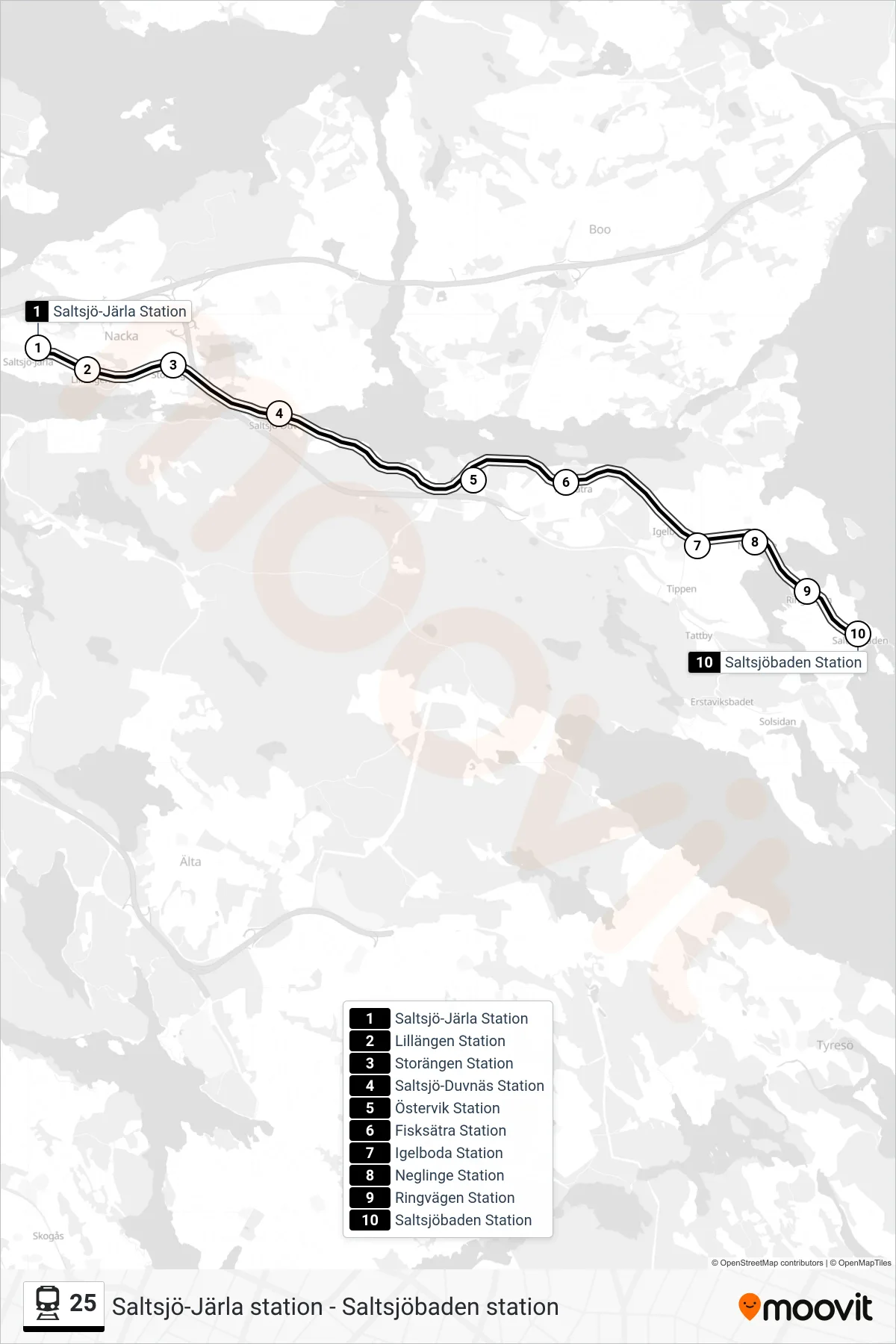 Rutt och hållplatser på karta för linje 25 tåg, (Saltsjöbaden Station)
