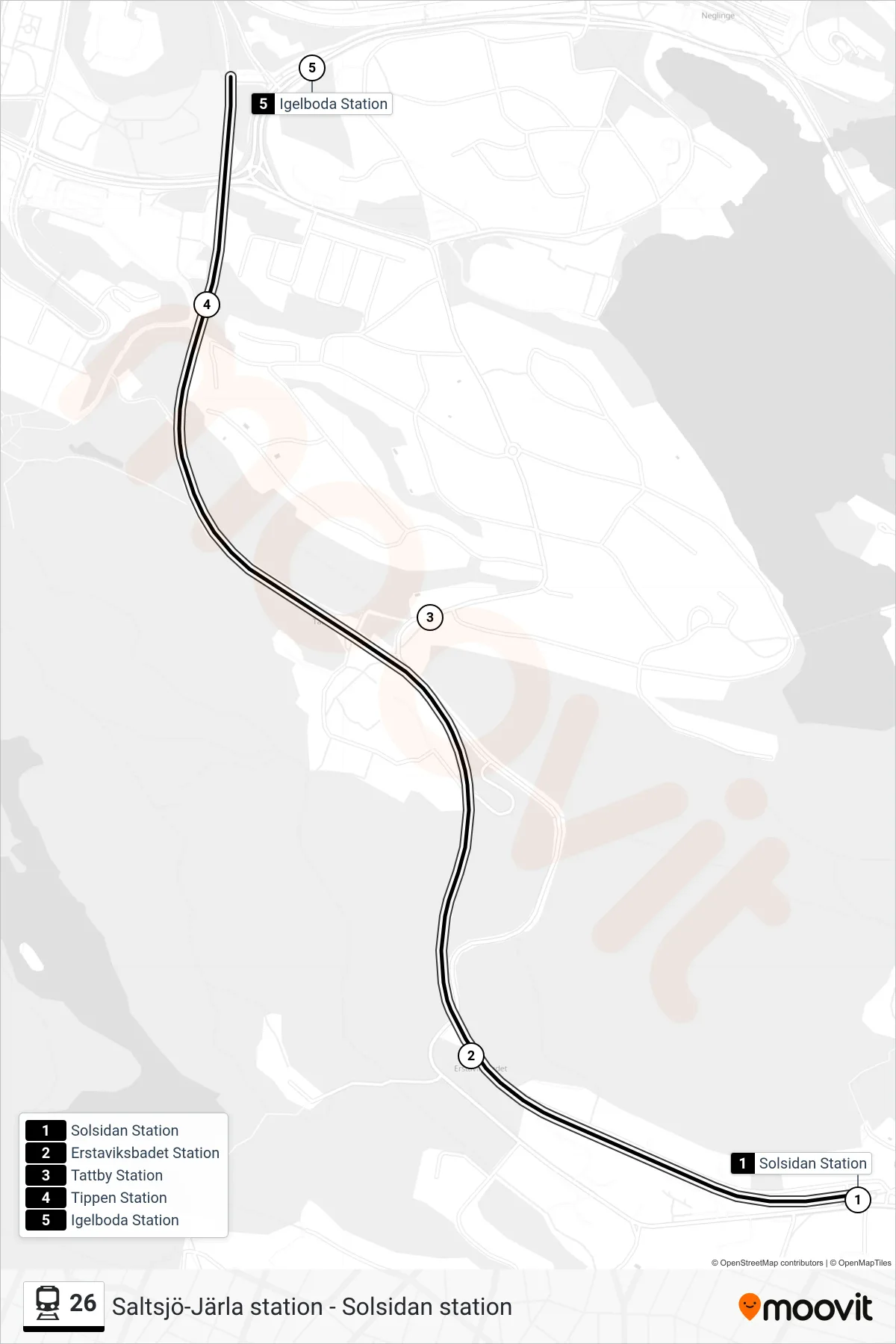 Rutt och hållplatser på karta för linje 26 tåg, (Igelboda Station)