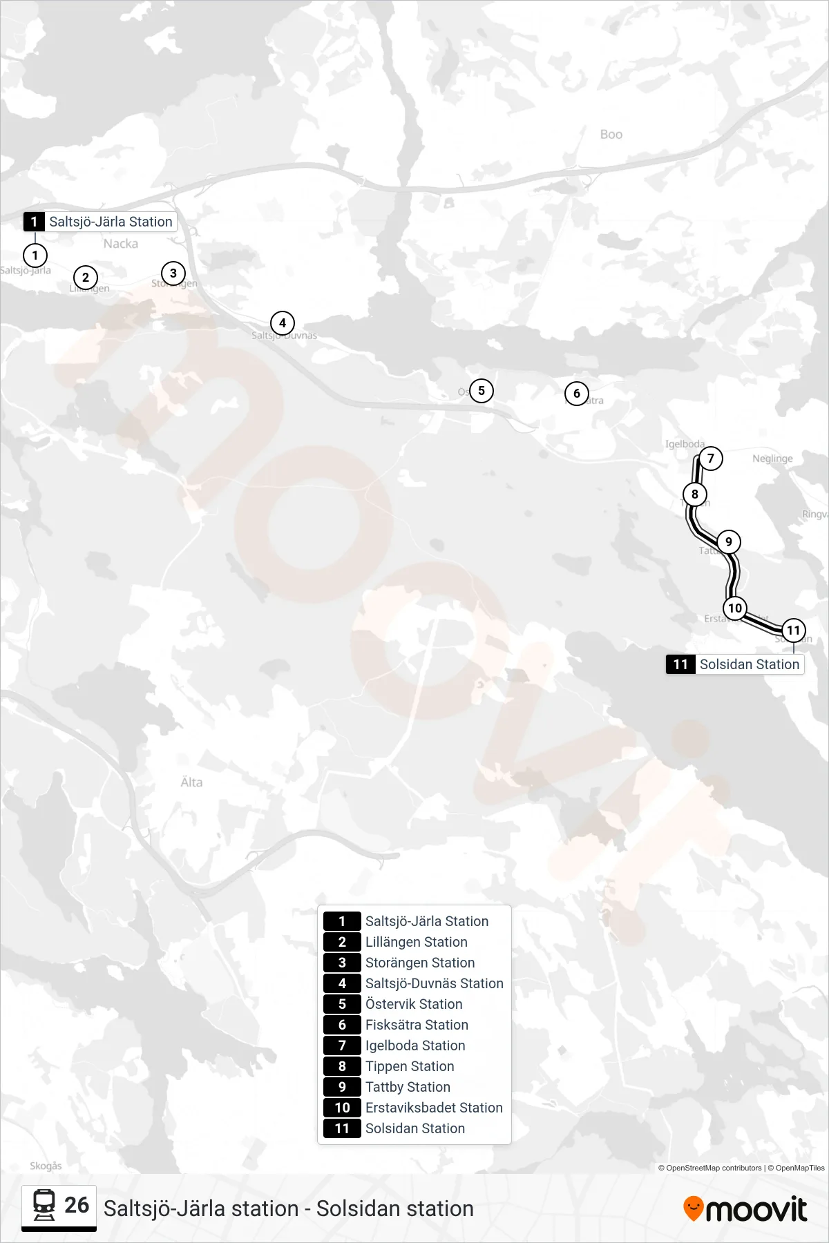 Rutt och hållplatser på karta för linje 26 tåg, (Solsidan Station)