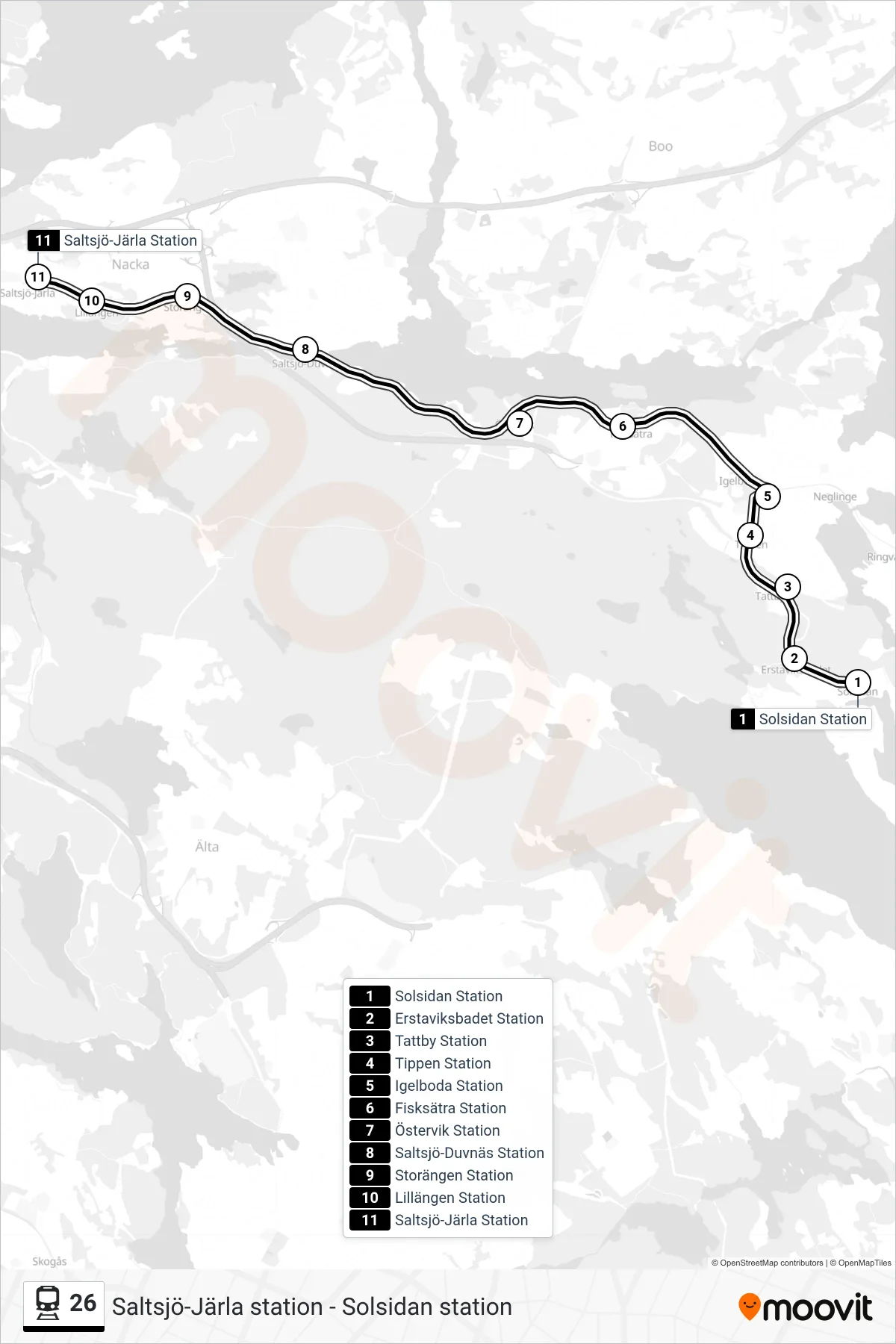 Rutt och hållplatser på karta för linje 26 tåg, (Saltsjö-Järla Station)