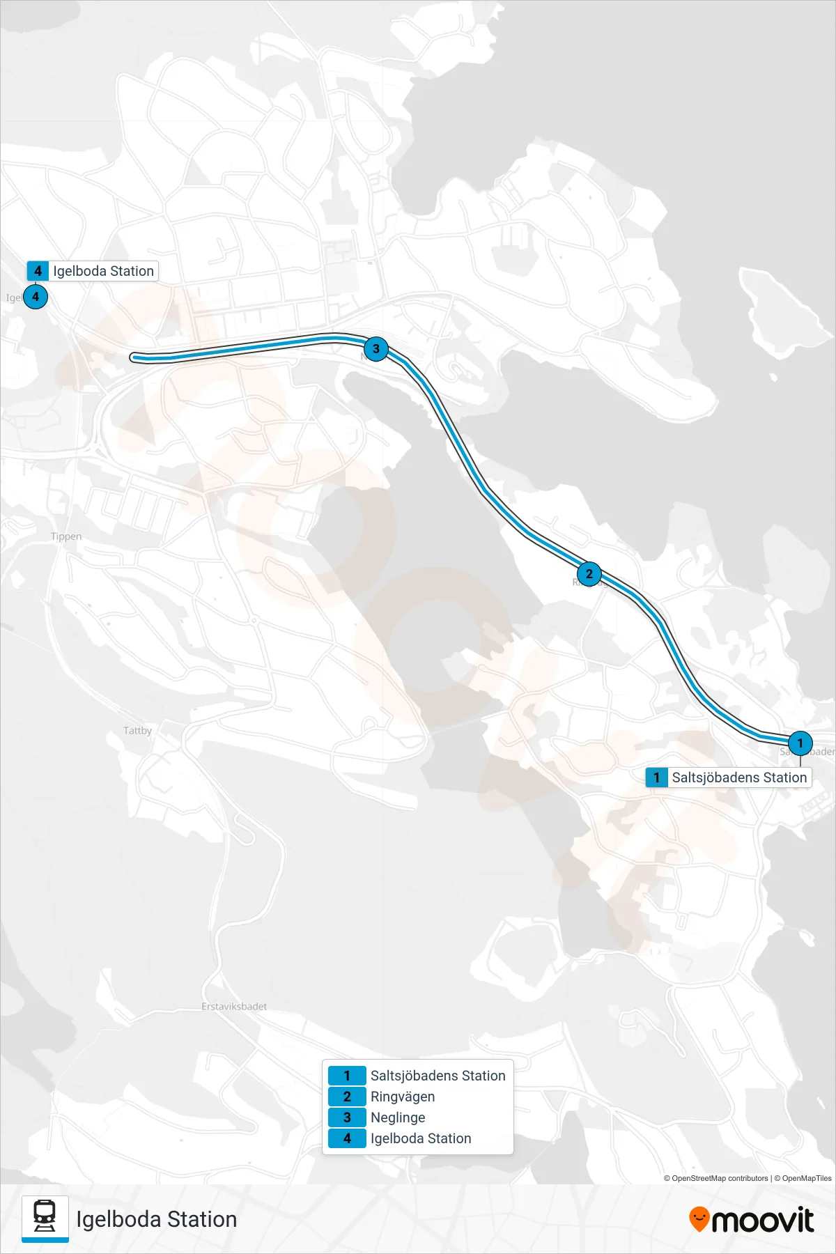 Rutt och hållplatser på karta för linje 25 tåg, (Igelboda Station)