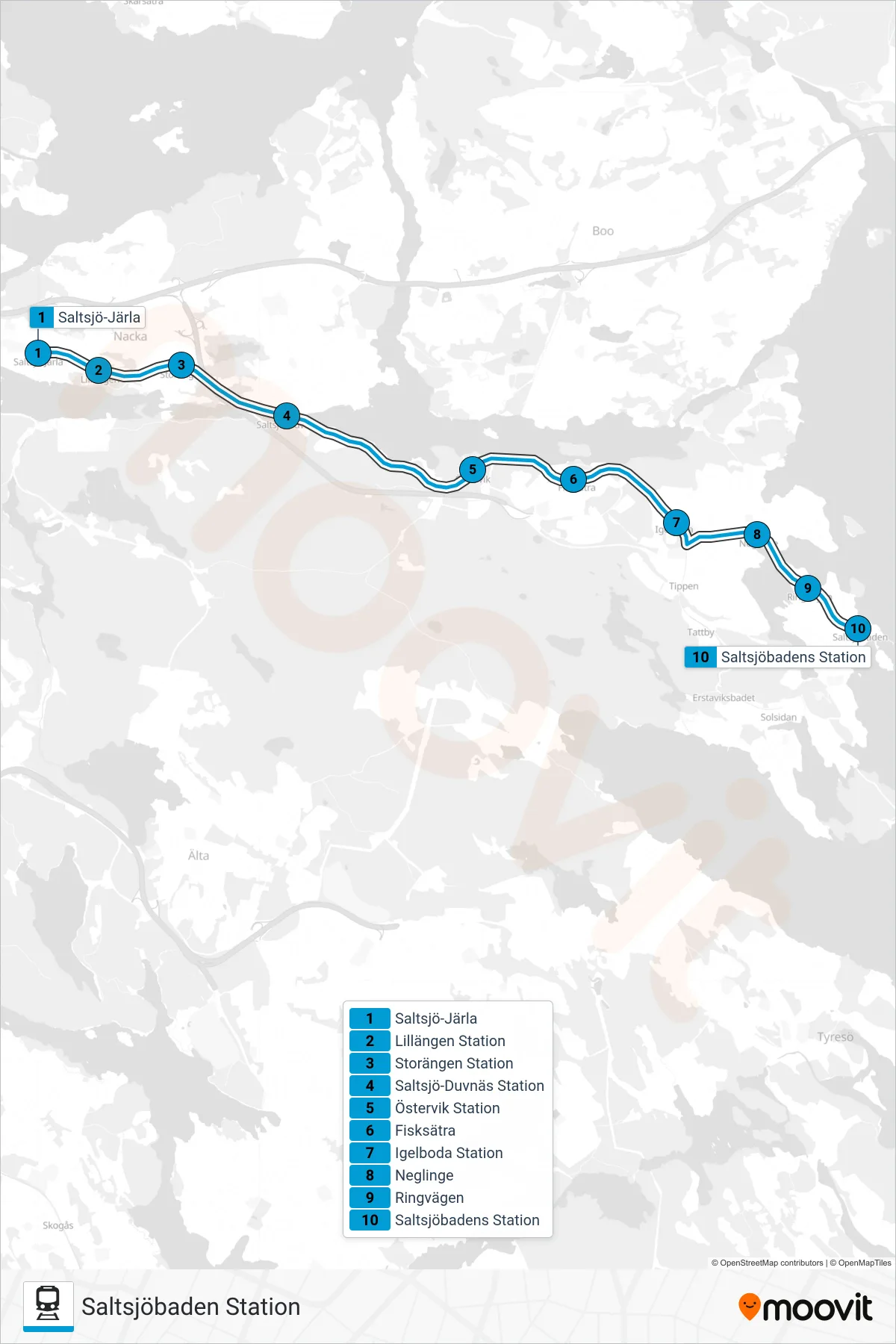 Rutt och hållplatser på karta för linje 25 tåg, (Saltsjöbaden Station)