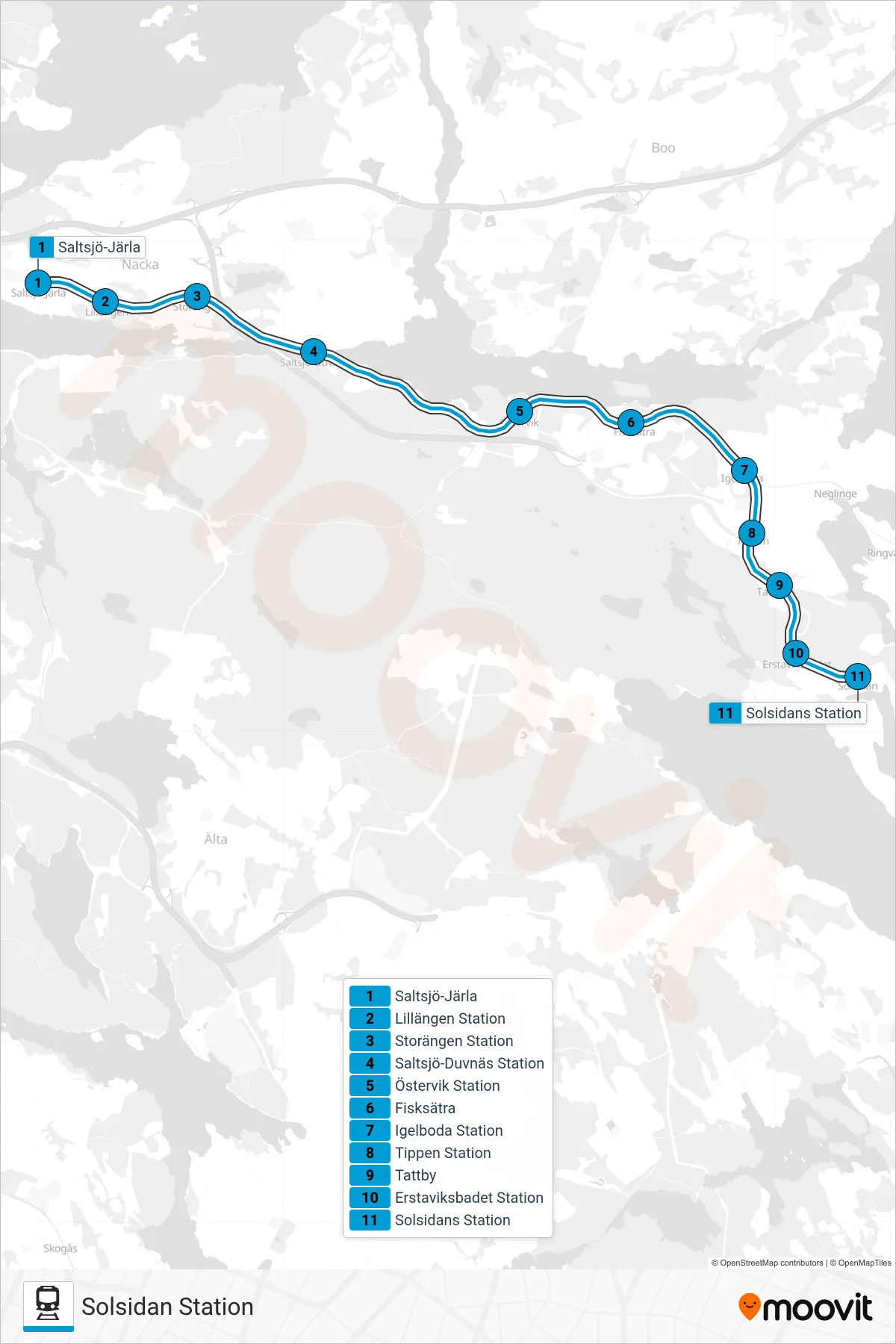 Rutt och hållplatser på karta för linje 26 tåg, (Solsidan Station)