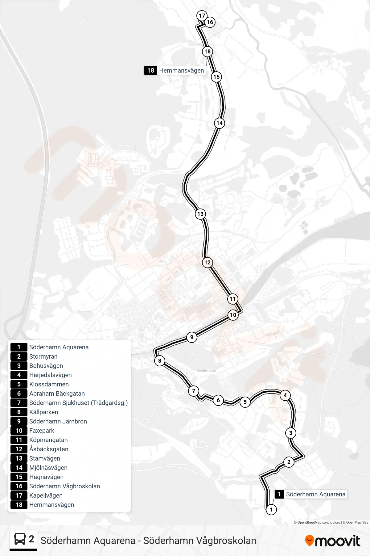 Rutt och hållplatser på karta för linje 2  spårvagn, (Hemmansvägen)