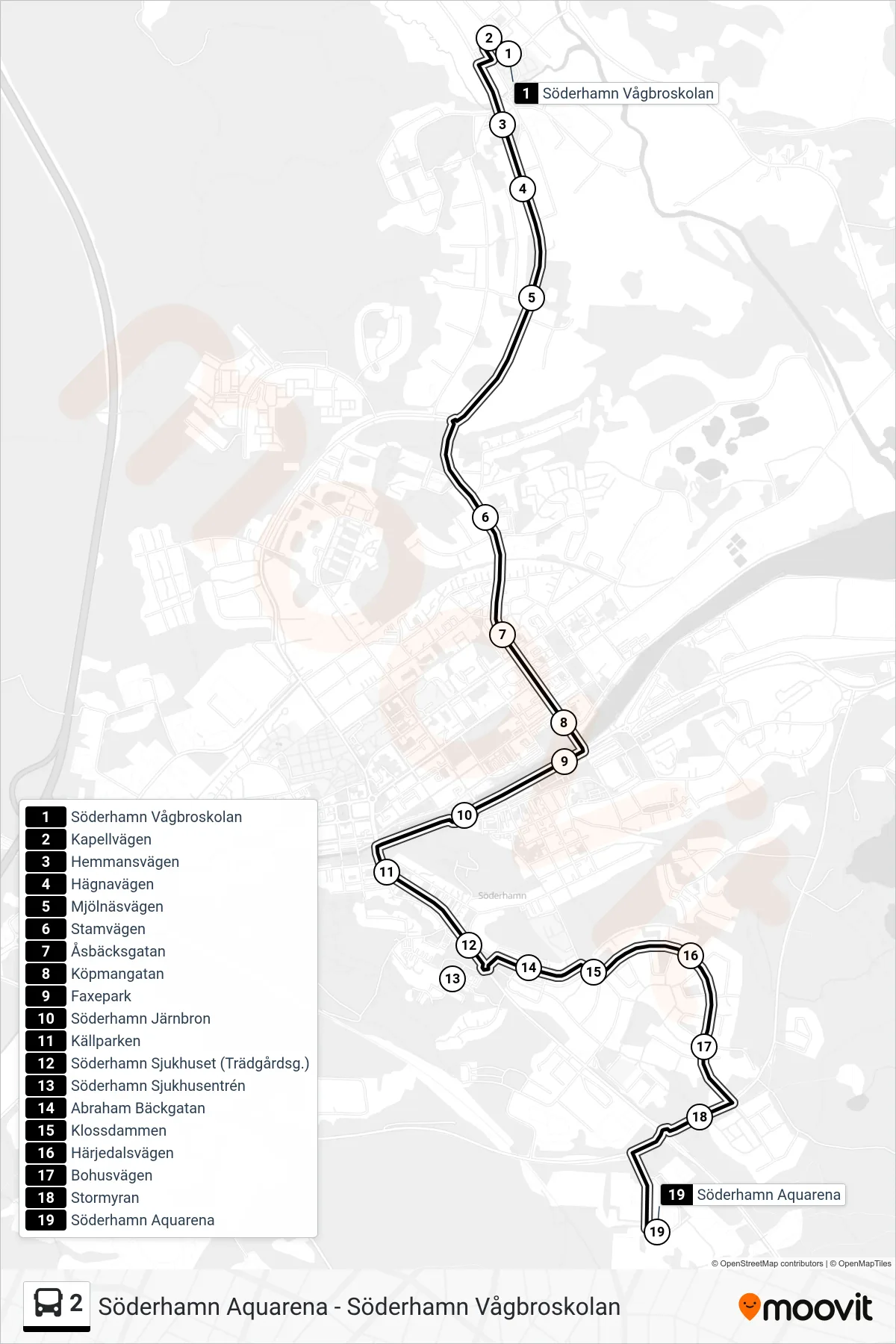 Rutt och hållplatser på karta för linje 2  spårvagn, (Söderhamn Aquarena)