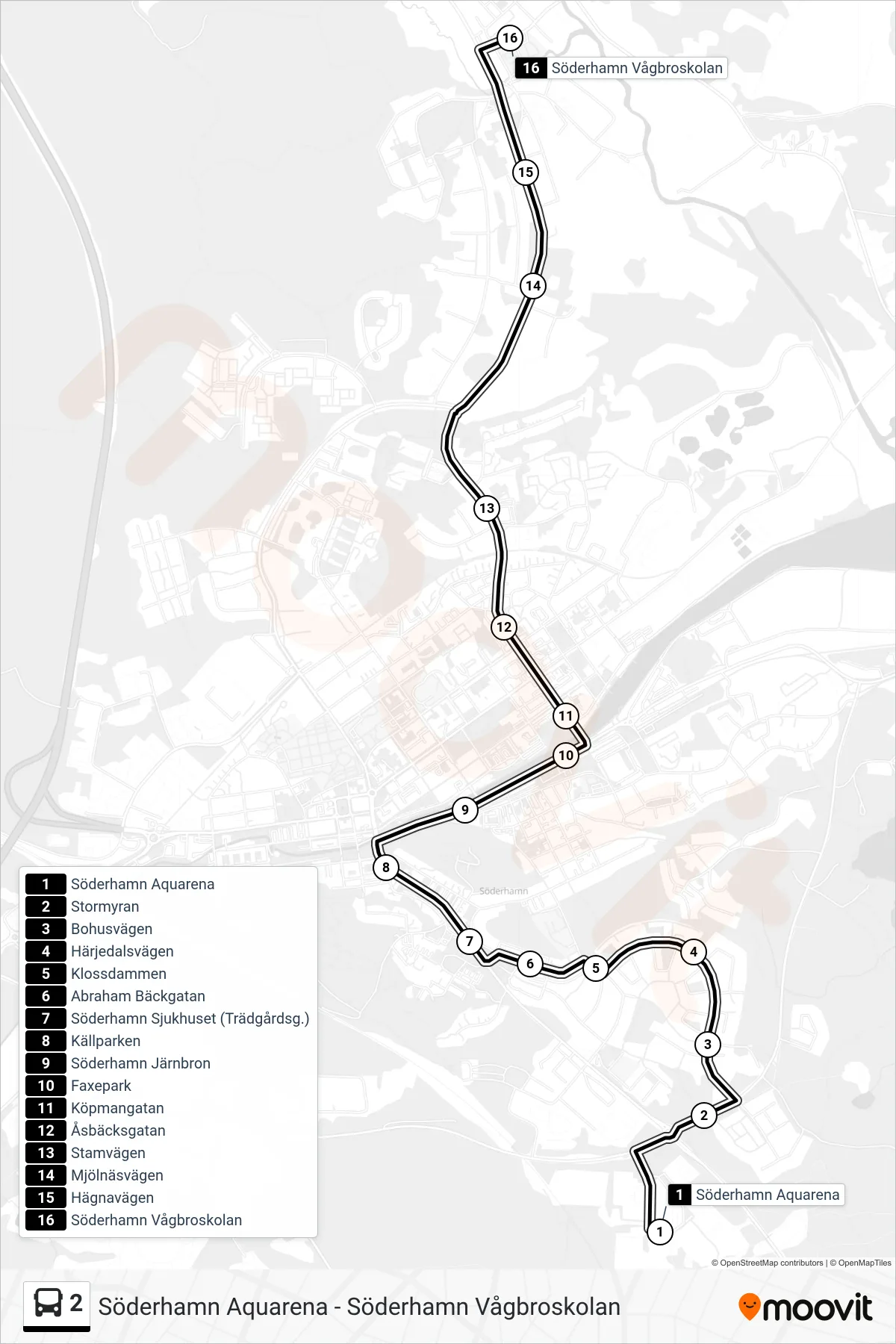 Rutt och hållplatser på karta för linje 2  spårvagn, (Söderhamn Vågbroskolan)