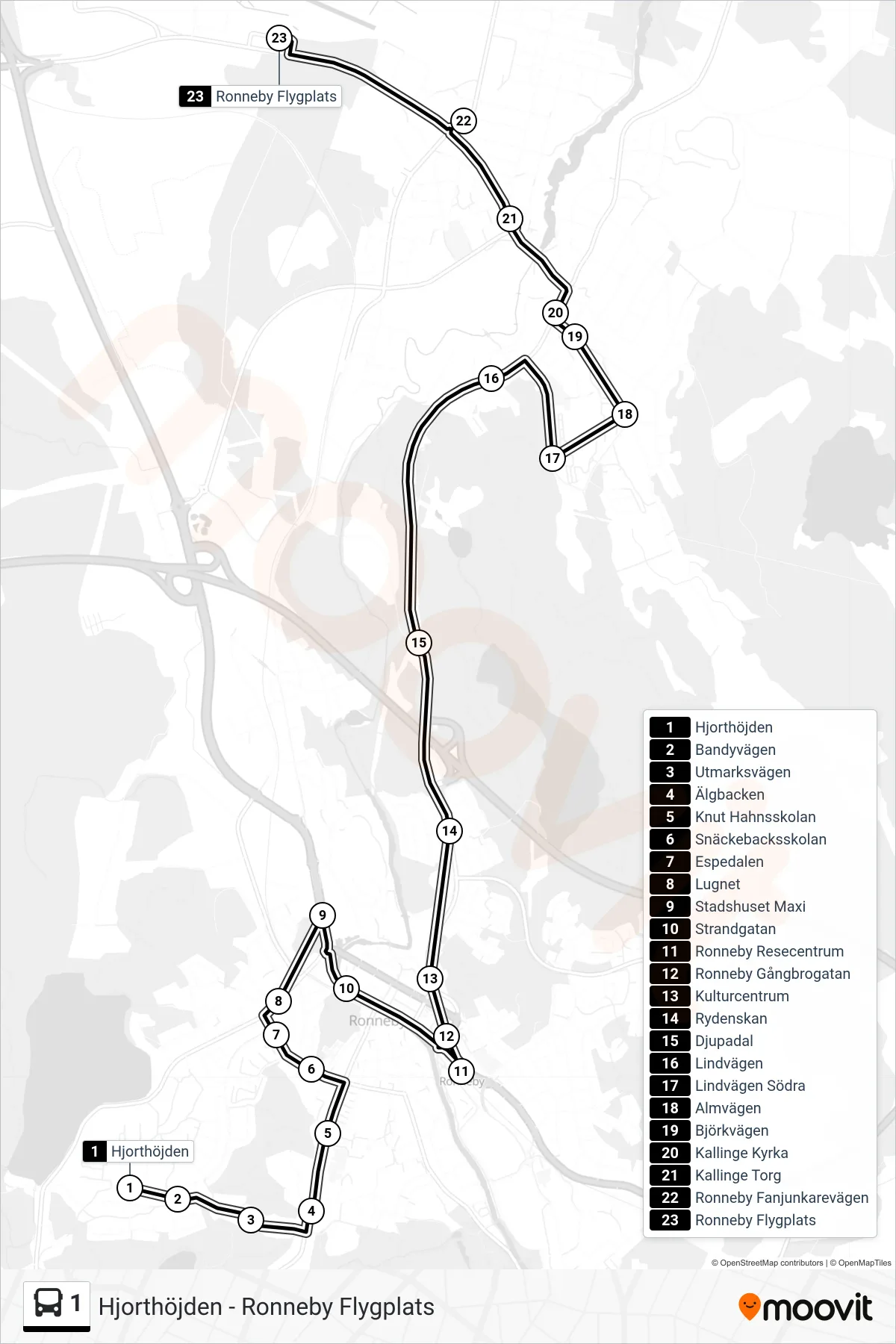 Rutt och hållplatser på karta för linje 1  buss, (Ronneby Flygplats)