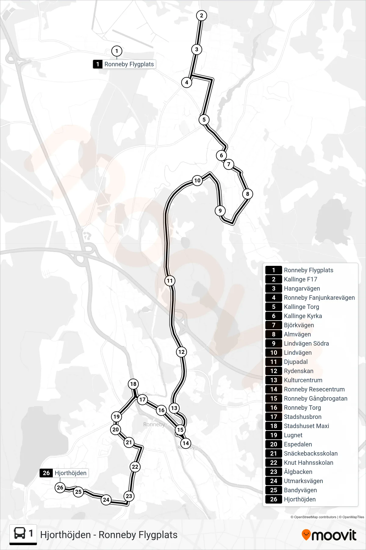Rutt och hållplatser på karta för linje 1 buss, (Hjorthöjden)