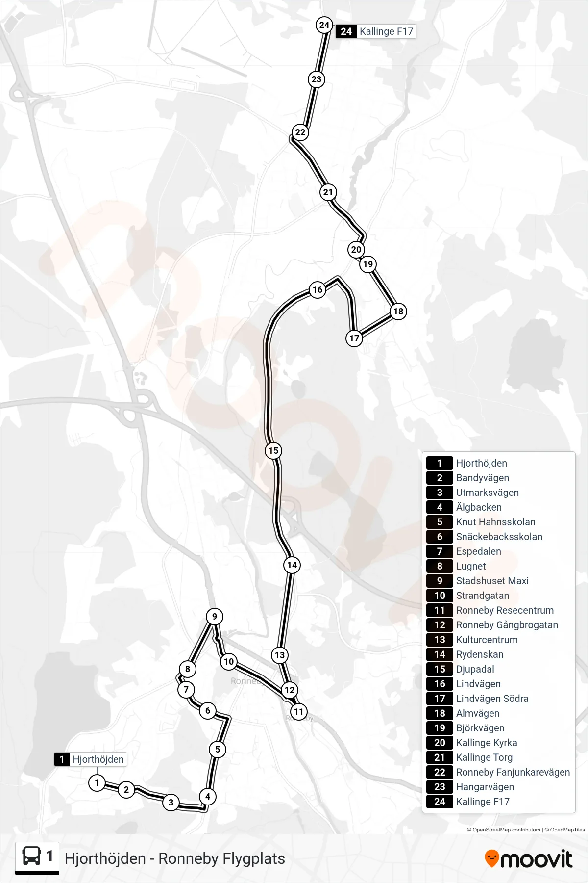 Rutt och hållplatser på karta för linje 1  buss, (Kallinge F17)