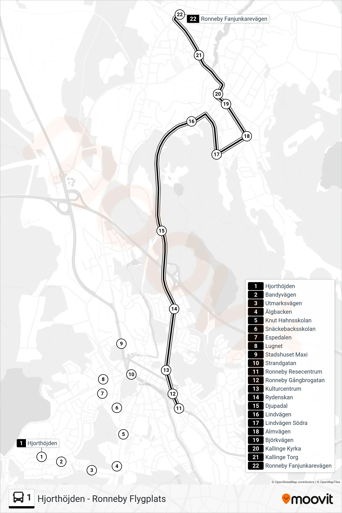 Rutt och hållplatser på karta för linje 1 buss, (Ronneby Fanjunkarevägen)