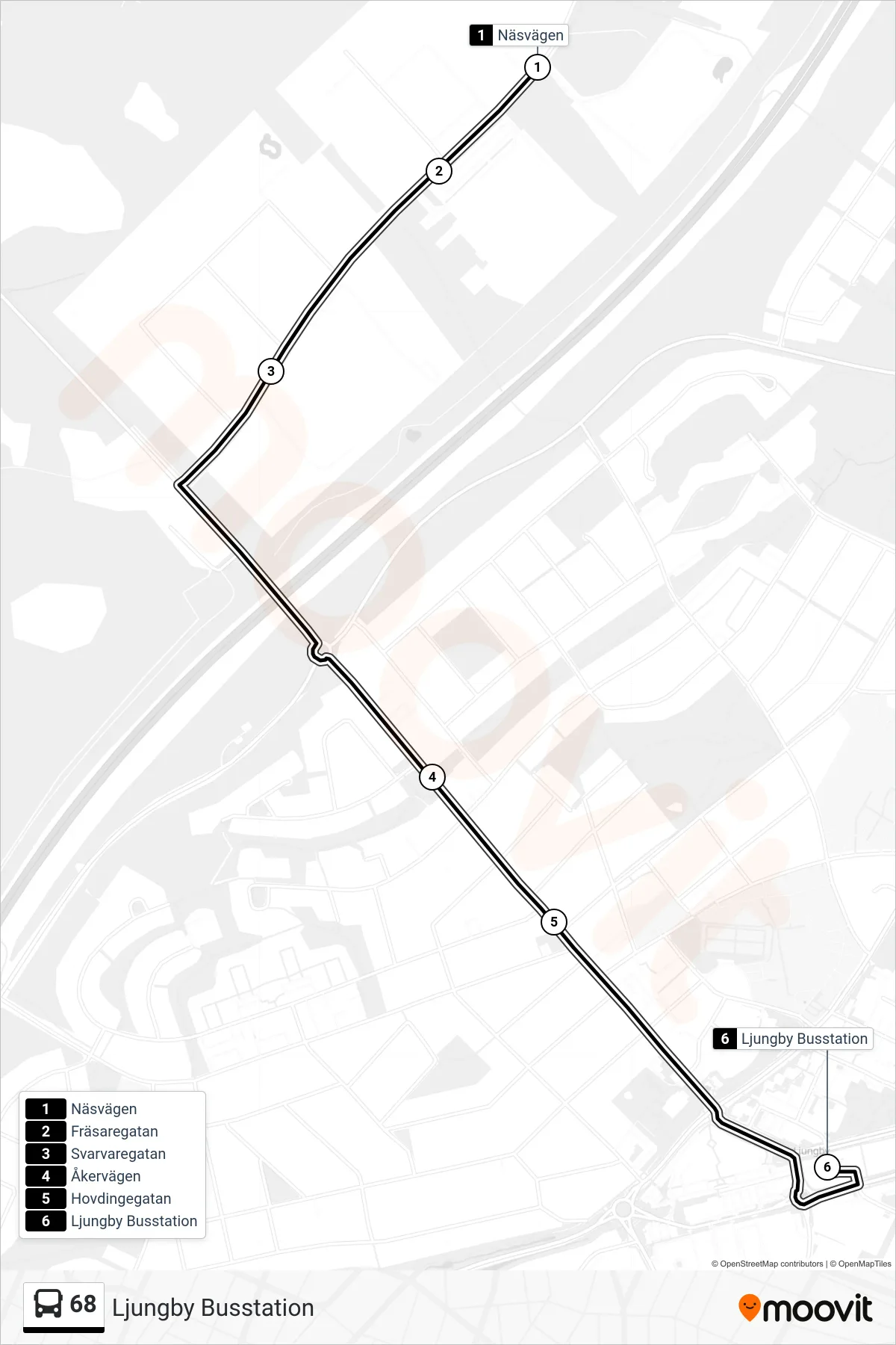 Rutt och hållplatser på karta för linje 68  spårvagn, (Ljungby Busstation)
