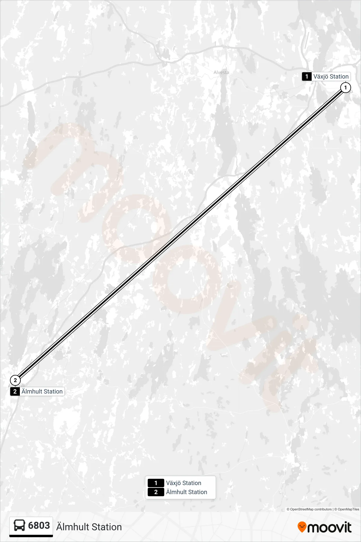 Rutt och hållplatser på karta för linje 6803 spårvagn, (Älmhult Station)